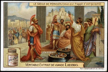 Secolo di Pericle (495-429 a.C.): lo statista e stratega Cimone (510-449 a.C.) è colpito da ostracismo, nel 461 a.C. - Cromolitografia Liebig