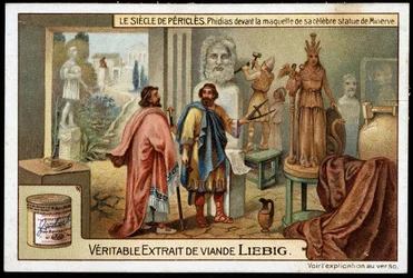 Secolo di Pericle (495-429 a.C.): lo scultore Fidia (490-430 a.C.) davanti al modello della sua famosa statua di Minerva - Cromolitografia Liebig