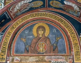 Phorbiotissa Panagia, Nostra Signora di Cristo nel Medaglione, affresco (1332-1333), chiesa bizantina di Nostra Signora di Asinou (XII secolo) (Lista del Patrimonio Mondiale Unesco, 2001), montagne di Troodos, Cipro