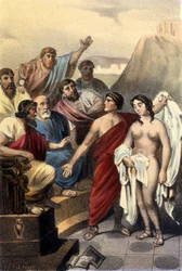 Frine (cortigiana greca) davanti ai giudici di Atene.
