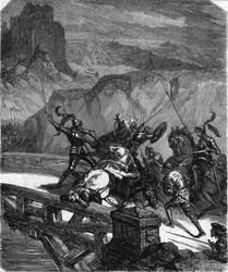 Pierre Terrail, signore di Bayard, difende il ponte di Garigliano (Italia) nel 1503. Incisione del XIX secolo.