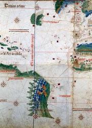 Planisfero di Cantino: Mappa di Alberto Cantino del 1502 che rappresenta la linea di confine imposta dal Trattato di Tordesillas (1494) tra l