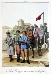 Tavola del 1811 che illustra un gruppo di cosacchi che tornano dalla chiesa dopo un matrimonio