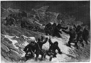 Polo nord: incontro degli slitte di Markham - Nares Georges S., Un viaggio al mare polare, Parigi: Hachette
