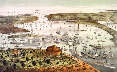 Porto di New York; veduta aerea. Incisione c. 1892