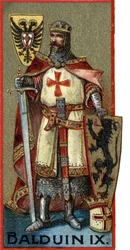Ritratto di Baldovino IX (Baldovino IX delle Fiandre) o (Baldovino VI di Hainaut) noto come Baldovino di Costantinopoli, imperatore di Costantinopoli dal 1204 al 1205 con il nome di Baldovino I. Cromolitografia della fine del XIX secolo.