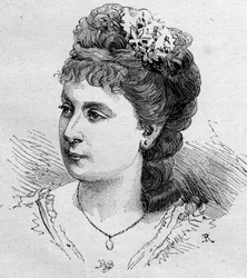 Ritratto di Blanche Baretta (n. 1855), comica francese, membro della Comédie Française dal 1875 al 1901. Incisione in "Le Monde Illustré" n.1168 del 16 agosto 1879