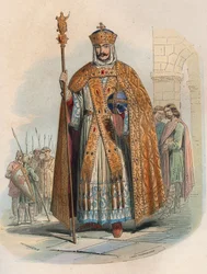Ritratto di Carlo Magno (742-814), Re di Francia. Incisione del 1868 in "Histoire de Belgique dalle origini ai tempi di Leopoldo I" di Theodore Juste (1818-1888). Collezione privata.