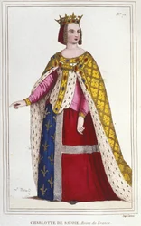 Ritratto di Charlotte de Savoia 1445 -1483 Regina di Francia dal 1461 al 1483 Sposa di Luigi XI (Il Prudente) nel 1451 incisione del 1830