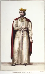 Ritratto di Childeberto I (ca. 495-558) Re di Parigi. Incisione del 1830