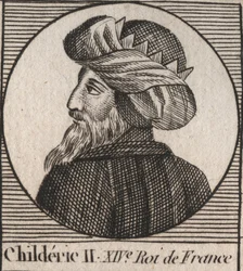 Ritratto di Childerico II, Re dei Franchi dal 670 al 673 - CHILDERICO II 655-675 Re merovingio di Francia e Austrasia - incisione da 