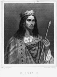 Ritratto di Clodoveo II (? - 657), Re di Neustria, Borgogna e Austrasia - in "Histoire des Français" di Lavallée, incisione, sd