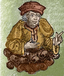 Ritratto di Demostene, in greco antico Demostene (Atene -384 - Calauria -322), uno dei grandi oratori antichi, politico ateniese. Incisione in "Liber chronicarum mundi" (Cronaca di Norimberga) di Hartmann Schedel