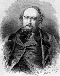 Ritratto di Eugene Guinot (1812-1861), giornalista, romanziere e drammaturgo francese. Conosciuto anche come Pierre Durand e Paul Vermond. Incisione in “Le Monde Illustré” n.202 del 23 febbraio 1861