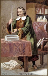 Ritratto di Evangelista Torricelli (1608-1647), fisico italiano, con la sua invenzione: il barometro (tubo di mercurio)