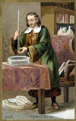 Ritratto di Evangelista Torricelli o Toricelli (1608 - 1647), fisico italiano con la sua invenzione il barometro (tubo di mercurio). Cromolitografia del XIX secolo