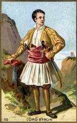 Ritratto di George Gordon Noel, 6° Barone Byron, Lord Byron (1788-1824) vestito da greco. Cromolitografia del XIX secolo.