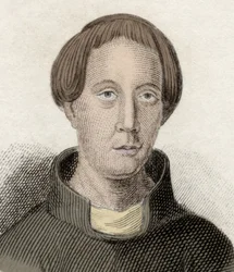 Ritratto di Giraud de Barri, o Giraud il Cambriano (ca. 1145-ca. 1223), ecclesiastico e storico gallese. Chiamato anche Gerallt Gymro, Gerald of Wales e Gerald Barry. Incisione del XIX secolo.