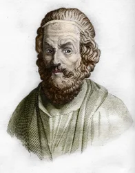 Ritratto di Omero (IX secolo a.C.) poeta greco. In storia antica di Rollin. 1829