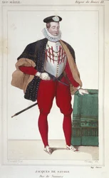 Ritratto di Jacques de Savoie Nemours (1531-1585), Conte di Ginevra e Duca di Nemours dal 1533 al 1585. Incisione del 1830