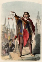 Ritratto di Jacques o Jacob van Artevelde (1287-1345) politico fiammingo. Incisione del 1868 in "Histoire de Belgique dai tempi primitivi alla fine del regno di Leopoldo I" di Théodore Juste (1818-1888). Collezione privata.