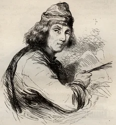 Ritratto di Jacques van Maerlant (Jacob van Maerlant) (1240-1300) scrittore fiammingo. Incisione del 1868 in "Histoire de Belgique dai tempi primitivi alla fine del regno di Leopoldo I" di Théodore Juste (1818-1888). Collezione privata.