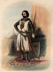 Ritratto di Giovanni I di Brabante, detto il Vittorioso (1253-1294), Duca di Brabante dal 1267 al 1294 e Duca di Limburgo dal 1288 al 1294. Incisione del 1868 in "Histoire de Belgique dai tempi primitivi alla fine del regno di Leopoldo I" di Theodore Juste