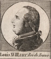 Ritratto di Luigi XVIII (1755-1824), soprannominato il Desiderato, Re di Francia e Navarra dal 1814 al 1815 e dal 1815 al 1824 - incisione da "Instruction sur l