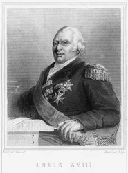 Ritratto di Luigi XVIII (1755 - 1824), Re di Francia - in "Histoire des Français" di Lavallée, incisione, sd