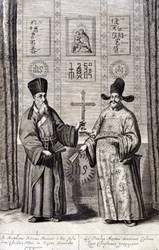 Ritratto di Matteo Ricci (a sinistra), gesuita italiano e Paul Ly, grande propagatore della fede cristiana in Cina, incisione di "De China monumenta" di Athanasius Kircher (1601 - 1680), gesuita, orientalista e studioso tedesco, Amsterdam 1667.