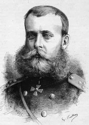 Ritratto di Mikhail Dmitrievich Skobeleff (Generale Skobeleff o Skobelev) (1843-1882), militare russo. Incisione in "Le Monde Illustré" n.1301 del 4 marzo