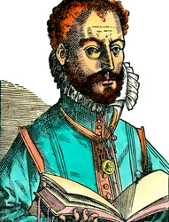 Ritratto di Orlandus Lassus (1531-1594) musicista della scuola franco-belga con un libro aperto (pagine bianche). Incisione del XVI secolo