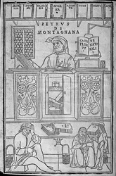 Ritratto di Pietro da Montagnana, un insegnante medico padovano circondato da libri medici greci e arabi, e tre pazienti in attesa di far esaminare la loro urina.