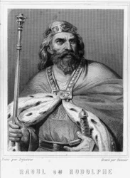 Ritratto di Raoul o Rodolfo di Borgogna (? - 936), Duca di Borgogna e Re di Francia - in "Storia dei Francesi" di Lavallée, incisione, sd