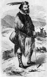 Ritratto di Roualeyn George Gordon Cumming (1820-1866), viaggiatore e cacciatore di leoni scozzese. Incisione di Linton in "Il Mondo Illustre" n.56 dell