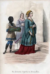 Ritratto di Sibilla di Gerusalemme (Sibilla di Gerusalemme) (ca. 1160-1190), principessa poi regina di Gerusalemme. Incisione del 1842 da «Histoire des popes» di Maurice Lachâtre. Collezione privata.
