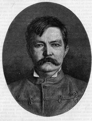 Ritratto di Sir Henry Morton Stanley, pseudonimo di John Rowlands (1841-1904), esploratore e giornalista britannico. Incisione in "Le Journal de la jeunesse"