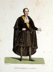 Ritratto di un principe assistente della Santa Sede che ha servito durante cerimonie e visite. Incisione del XIX secolo.