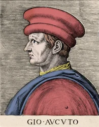 Ritratto del mercenario inglese e condottiero John Hawkwood (Jean Haccoude o Giovanni Acuto) (1320-1394). Xilografia del XVI secolo
