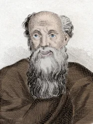 Ritratto del filosofo greco Democrito (460-370 a.C.), Democrito di Abdera. Incisione del XIX secolo.