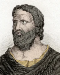 Ritratto del filosofo greco Eraclito di Efeso (576-480 a.C.) (Eraclito di Efeso). Incisione del XIX secolo.