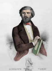 Ritratto del compositore italiano Giuseppe Verdi (1813 - 1901) con la partitura de 