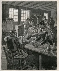 Ceramica: riempimento della ceramica. Incisione del 1885 in "Les arts et metiers illustres" di Adolphe Bitard