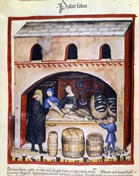 Preparazione del pesce sporco. Miniatura dal "Tacuinum sanitatis"
