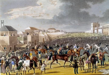 Preparativi per una corsa a Epsom (Epsom Oaks: corsa di cavalli inglese). Incisione del XIX secolo