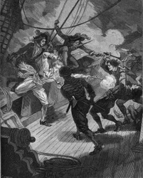 Corsaro Jean Bart (1650-1702) che si avvicina a una nave. Incisione del XIX secolo. In “Histoire de France” di Jules Michelet
