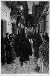 Processione della confraternita di San Lorenzo a Siviglia (Spagna) il Venerdì Santo. Incisione in 