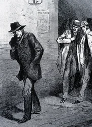 Atmosfera di psicosi notturna nelle strade di Londra (a causa degli omicidi di Jack lo Squartatore) - fine del 19° secolo, c. 1888.