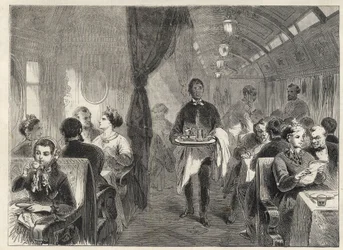 Carrozza ristorante Pullman delle Ferrovie del Pacifico nel 1869
