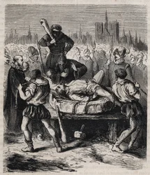 Punizione di François Ravaillac (1578-1610), assassino del re Enrico IV (1553-1610), in Place de Grève a Parigi nel 1610 - Incisione del 1879 in “Histoire des sociétés secrètes, politiques et religieuses” di Pierre Zaccone (1817-1895)